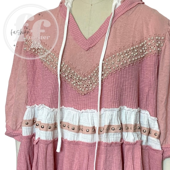 POL Pink White Strawberry Milk Pearl and Stud Embellished Color Block Hoodie Top - Picture 3 of 5
